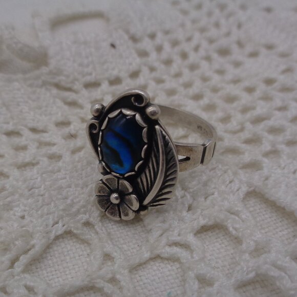Vintage Blue PAUA SHELL Sterling Silver RING Leaf & Flower SZ. 7.5 - Picture 6 of 9